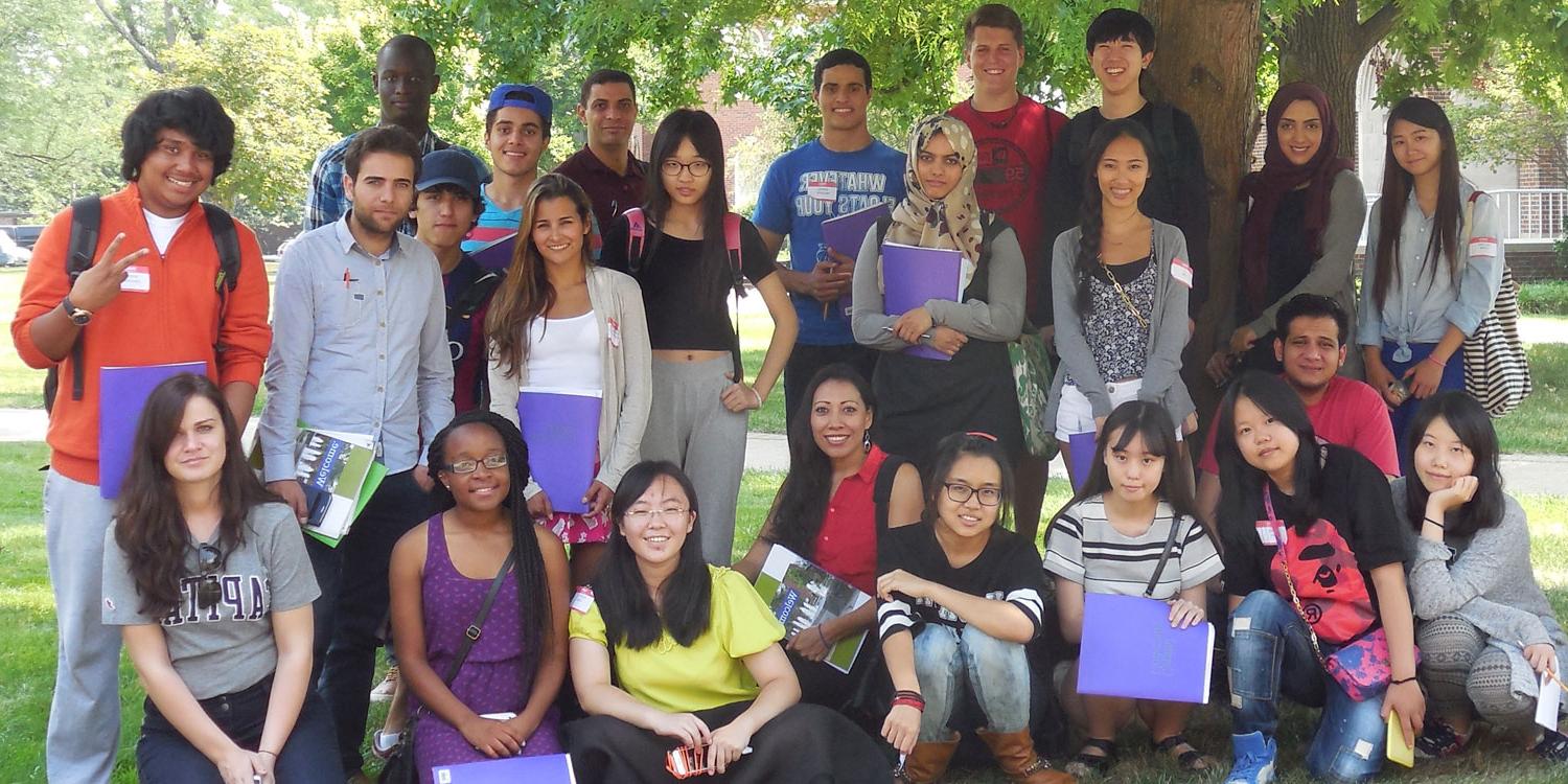 Group photo outside with students of different ethnicities